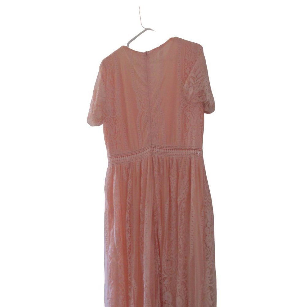 Long Flowy Maxi Dress Womens Peach Orange Short Sleeve Flared V Neck Zip Up Back - Picture 8 of 12